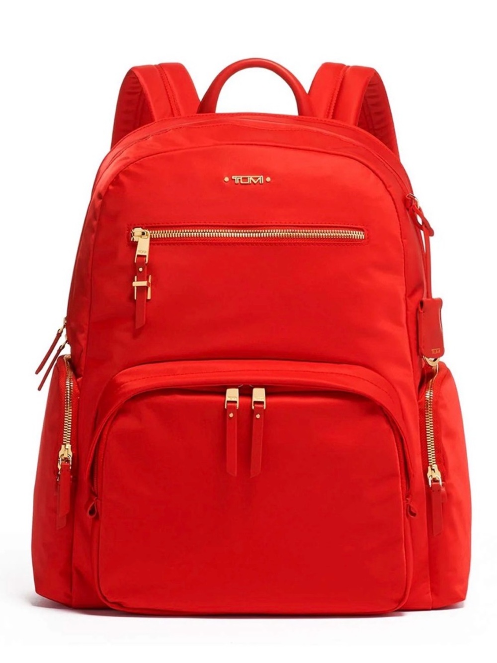 Tumi Red Nylon Backpack with Gold Hardware Accents